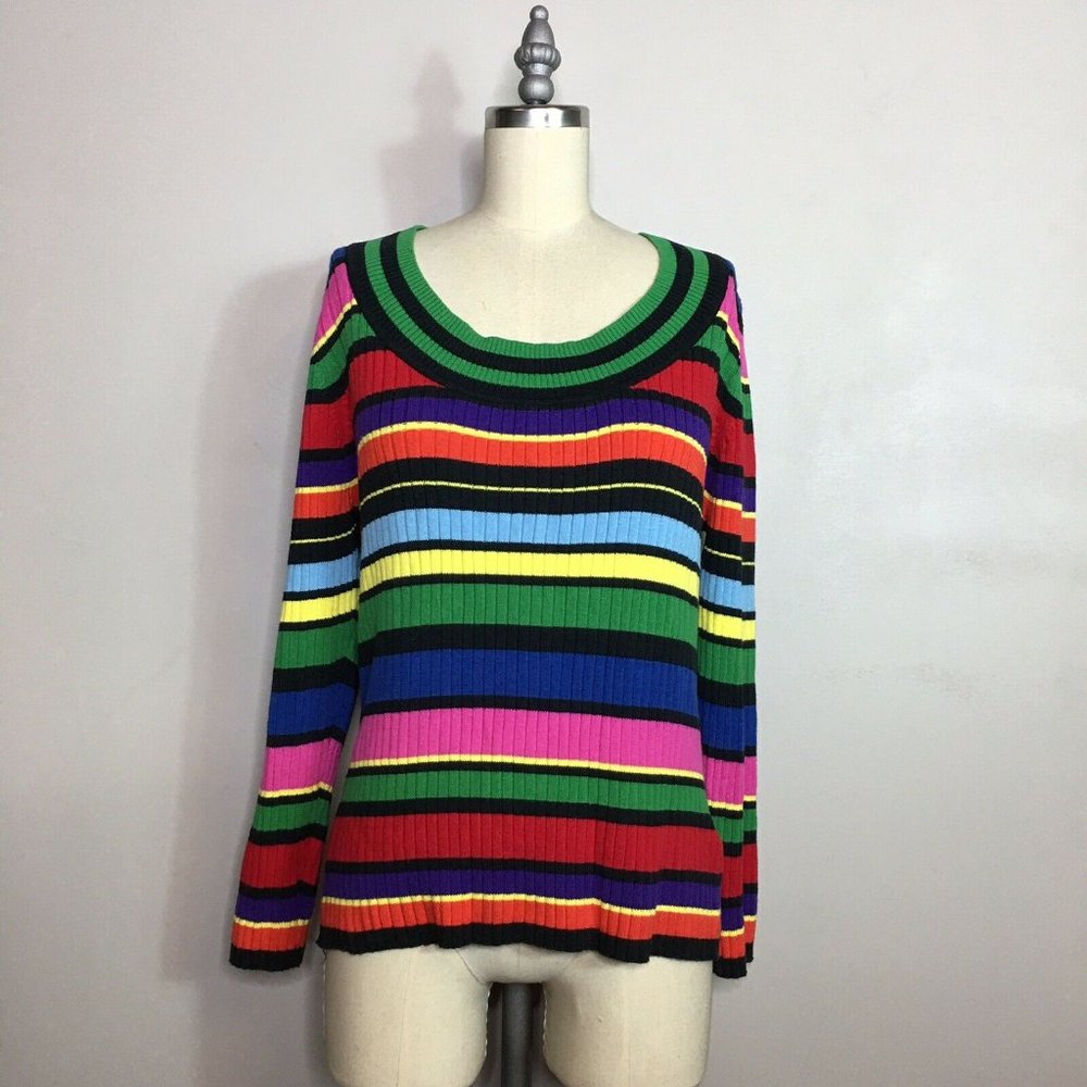 Retro Rainbow Striped Ribbed Knit Sweater Top